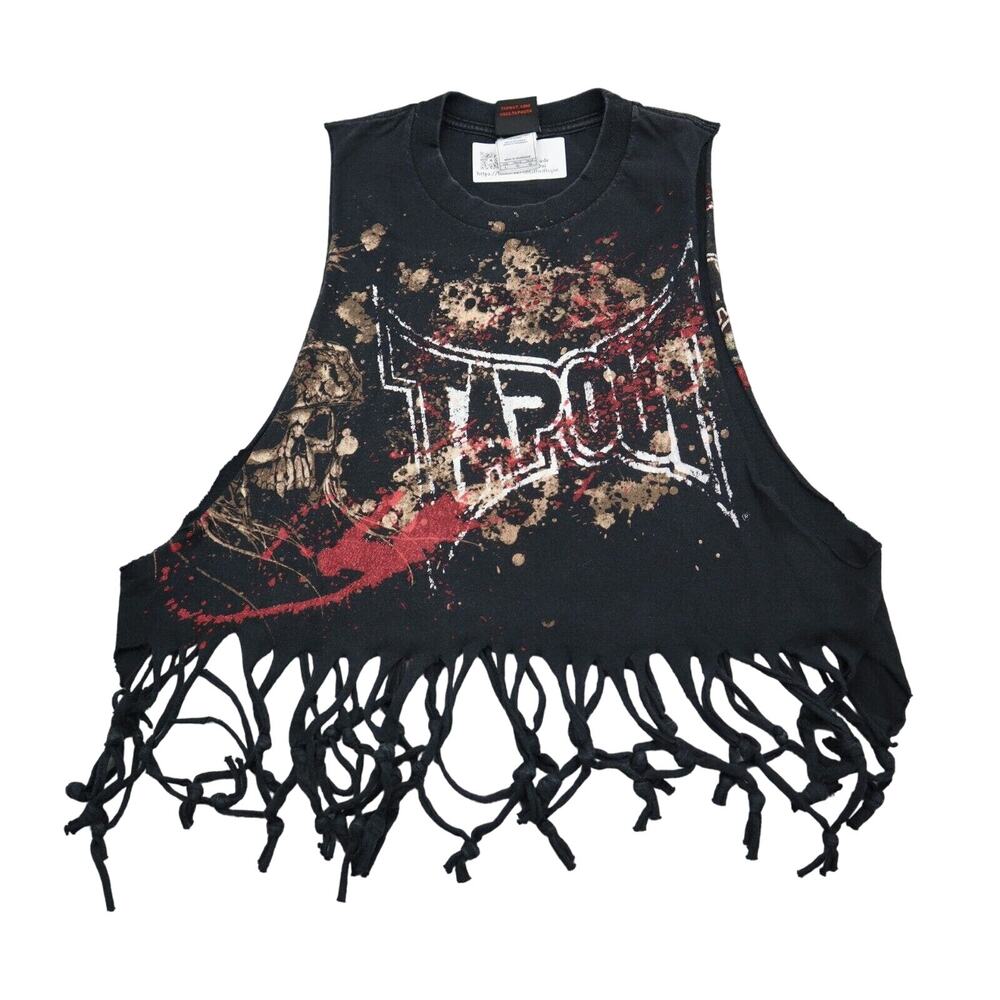 Tap Out Shirt Womens L Black Sleeveless Round Neck Fringe Hem Logo Print Top